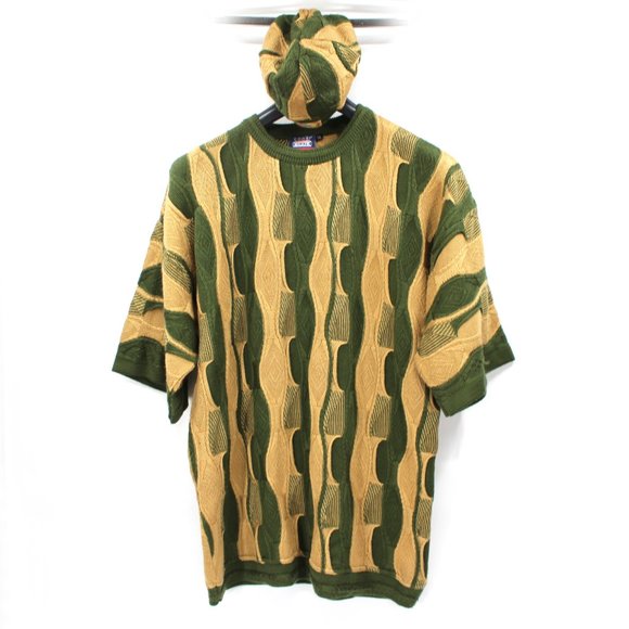 COOGI Australia Green Tan 3D Knit Short Sleeve Sweater XL Textured Beanie Hat